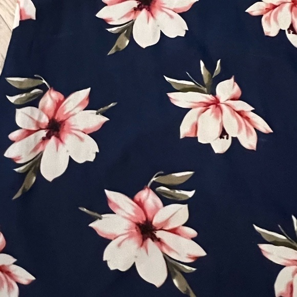 NAVY w/ white and pink floral pattern, v-neck, cold shoulder mini swing dress - Picture 4 of 4